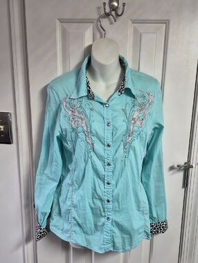 Roar Turquoise Embroidered Button-Down Shirt
